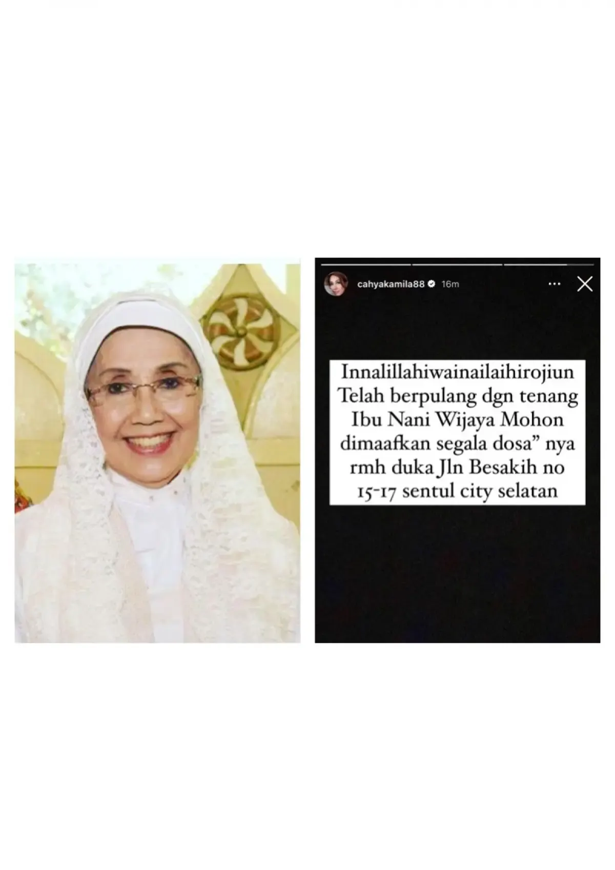 Nani Wijaya meninggal dunia (Sumber: Instagram.com/cahyakamila88)