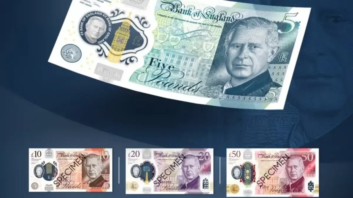 Uang Inggris terbaru menampilkan gambar Raja Charles III (Sumber : AFP / Bank of England)