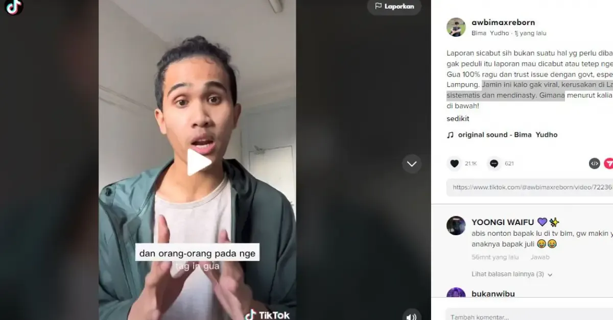 Tiktoker Bima Yudho Saputro kembali membuat kritik untuk Lampung. (Sumber : Tangkap Layar Tiktok/Awbimaxreborn)
