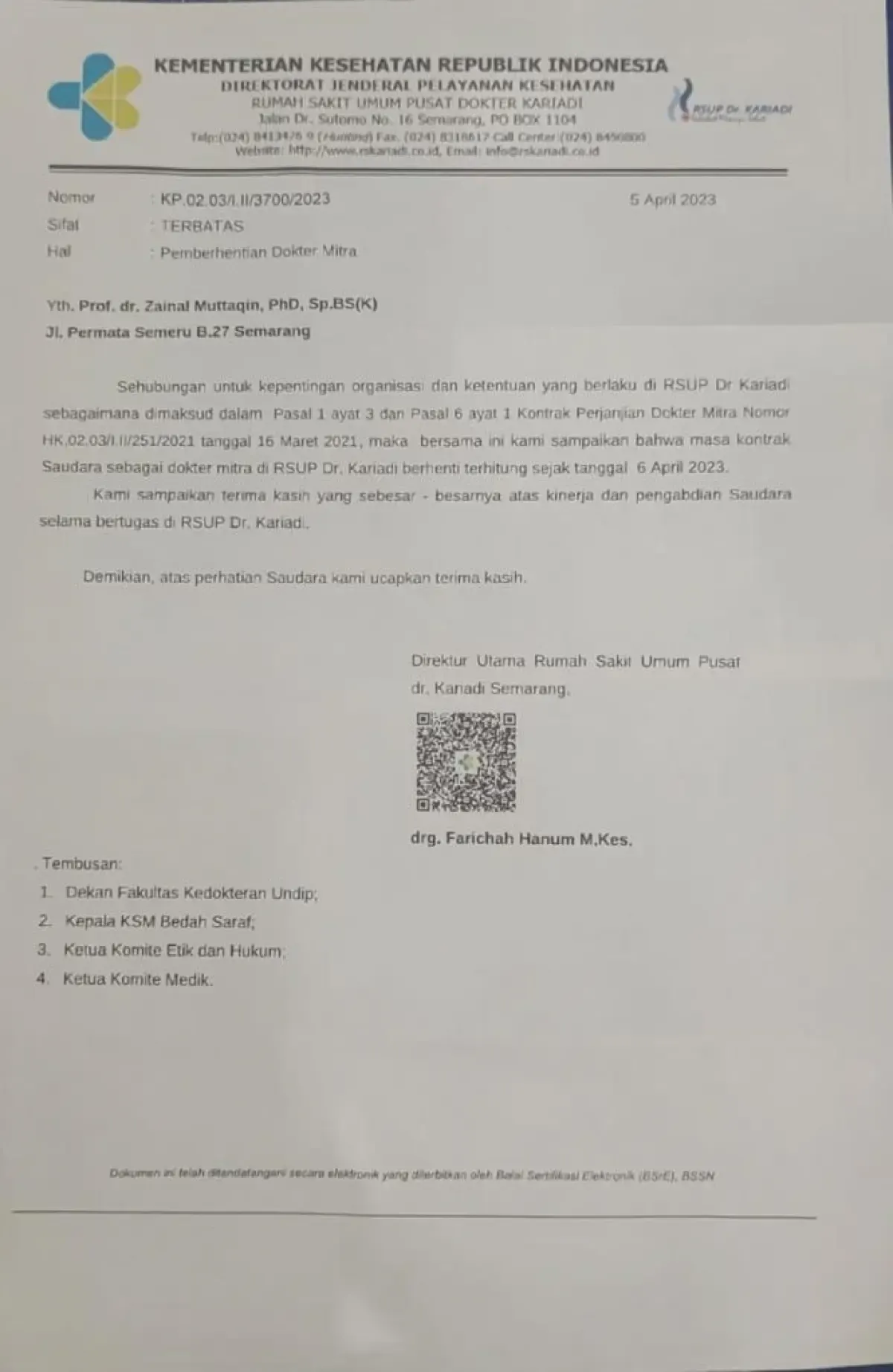 Surat Pemecatan Dr Zainal Muttaqin