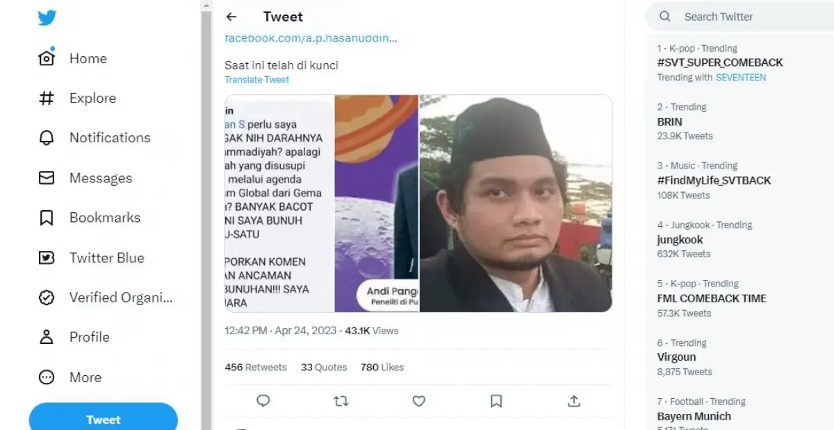 Pegawai BRIN Ancam Bunuh Warga Muhammadiyah (Sumber : Tangkap Layar/Twitter)
