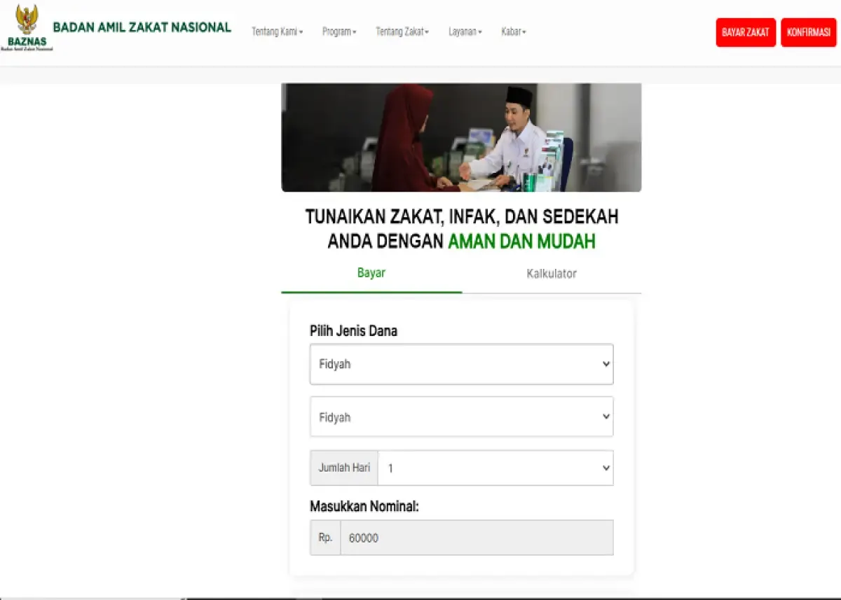 Ilustrasi pembayaran fidyah online melalui website Baznas (Sumber : baznas.go,id)