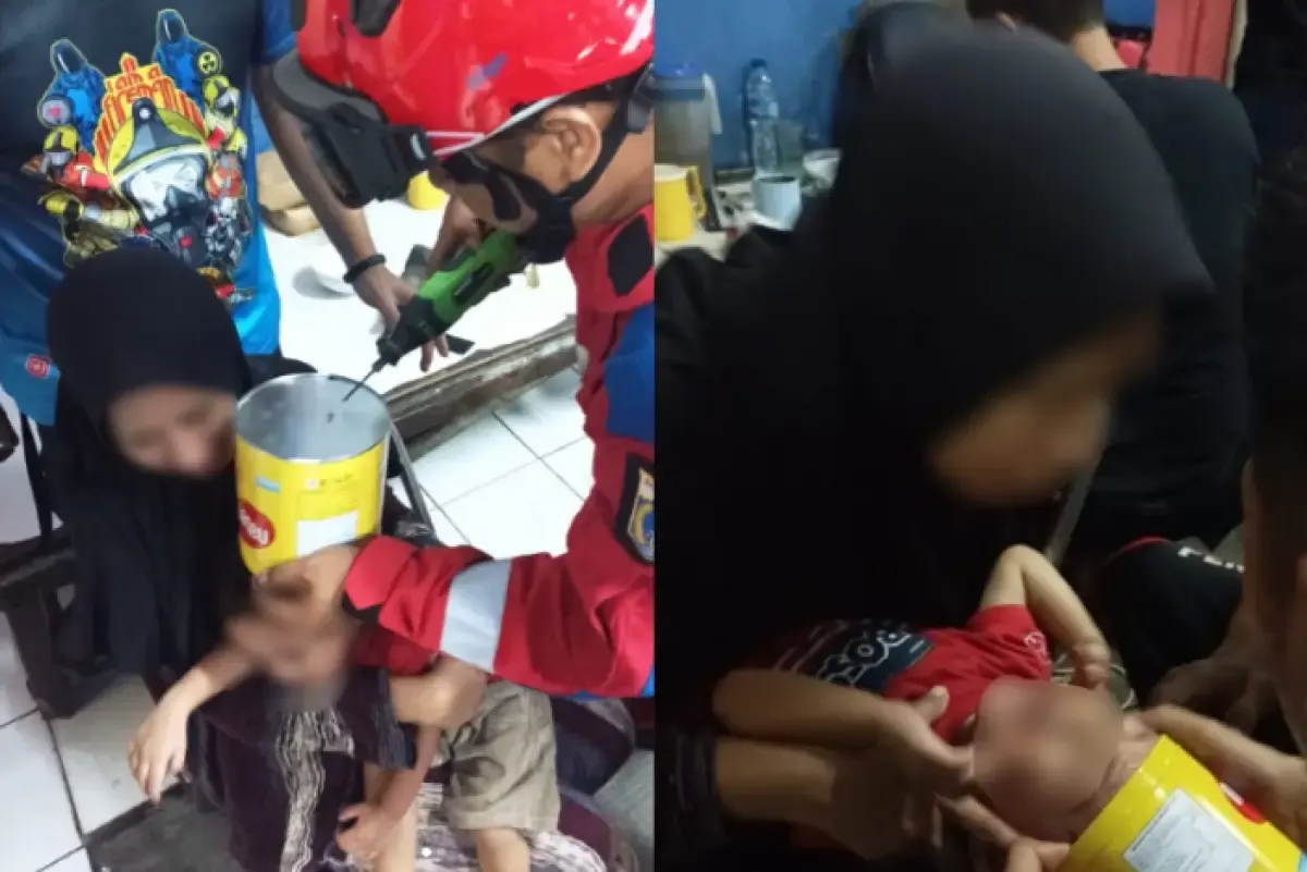 Seorang anak kecil yang terjepit kaleng biskuit di Kemayoran, Jakarta Pusat pada Selasa (25/4/2023) (Sumber : Instagram/humasjakfire)