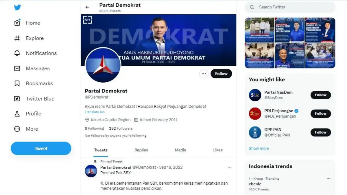 Akun Twitter Partai Demokrat (Sumber : Tangkap Layar/Twitter)