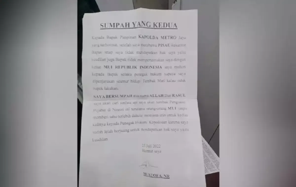 Surat pelaku penembakan di kantor MUI, Mustofa NR (Sumber : Istimewa)