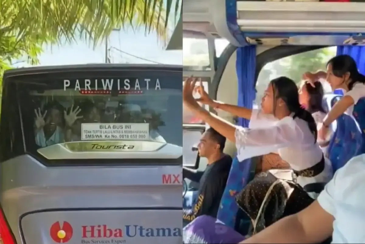 Momen para pelajar yang study tour tukeran nomor HP dari dalam bus. (Sumber : Twitter/@sosmedkeras)