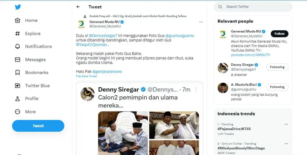 Denny Siregar kena semprot Generasi Muda NU karena posting foto Gus Baha (Sumber : Tangkap Layar Twitter)