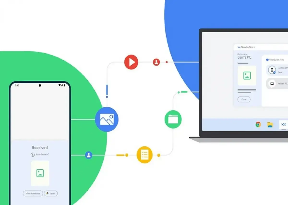 Ilustrasi fitur Nearby Share untuk mengirim file dari  smartphone Andorid ke PC Windows dan sebaliknya (Sumber : theverge.com)