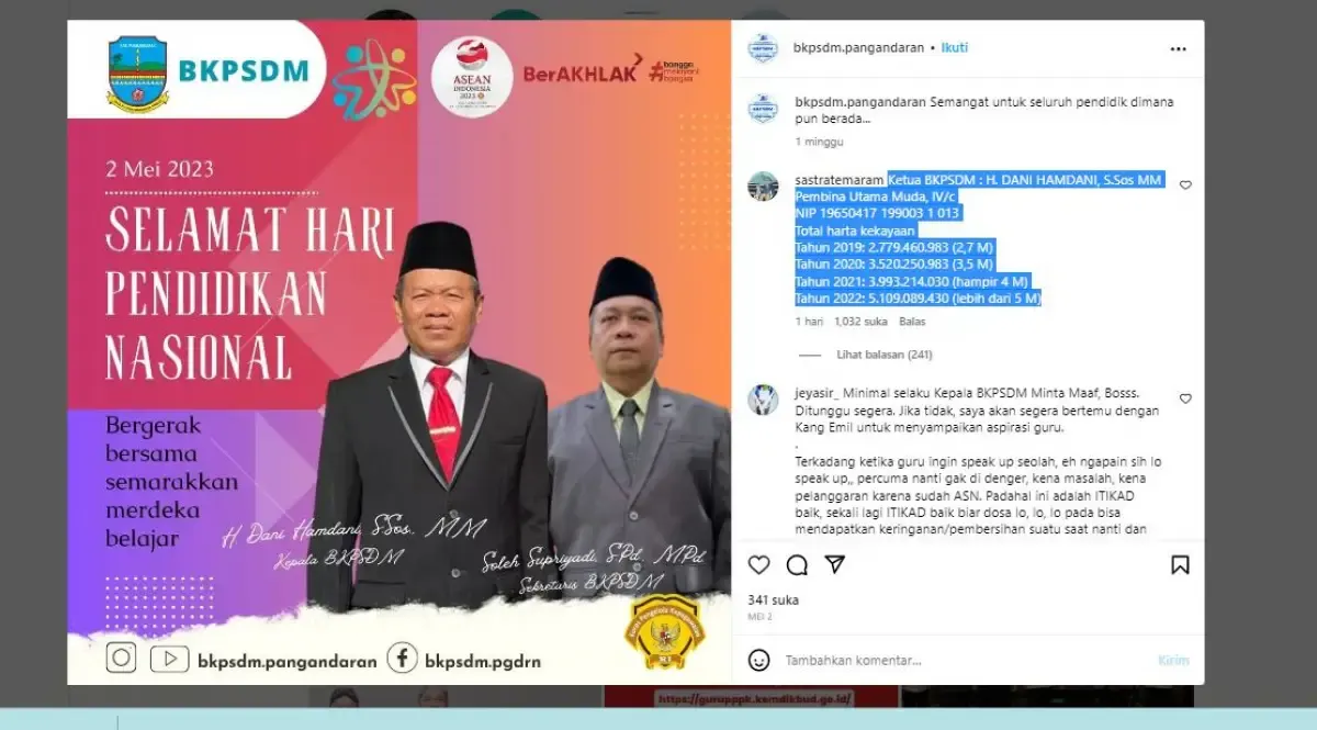 Akun Instagram BKPSDM Pemkab Pangandaran digeruduk netizen (Sumber : Instagram)
