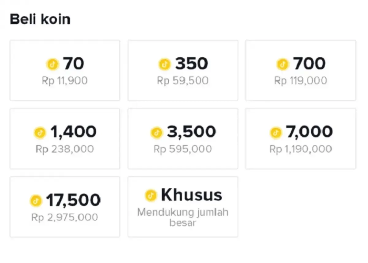 Ilustrasi daftar harga koin TikTok (Sumber : tiktok)