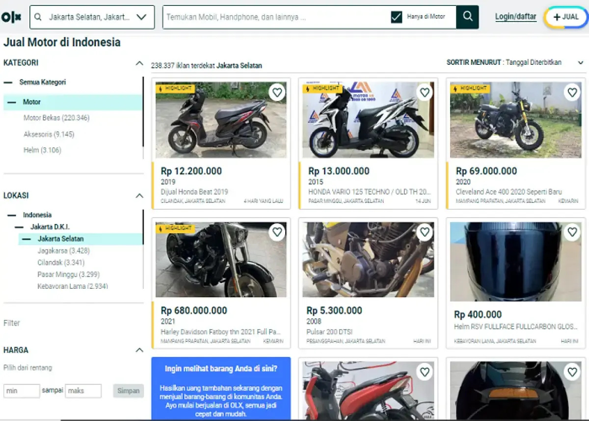 Ilustrasi penjualan kendaraan online (Sumber : olx.co.id)