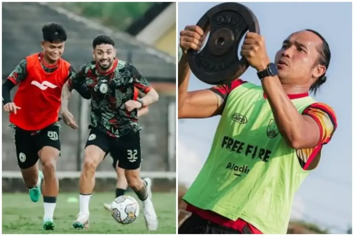 Pemain PSS Sleman (kiri) dan Persis Solo (kanan) berlatih keras untuk duel hari Jumat, (7/7/2023).  (Sumber : Instagram/pssleman; persisofficial)