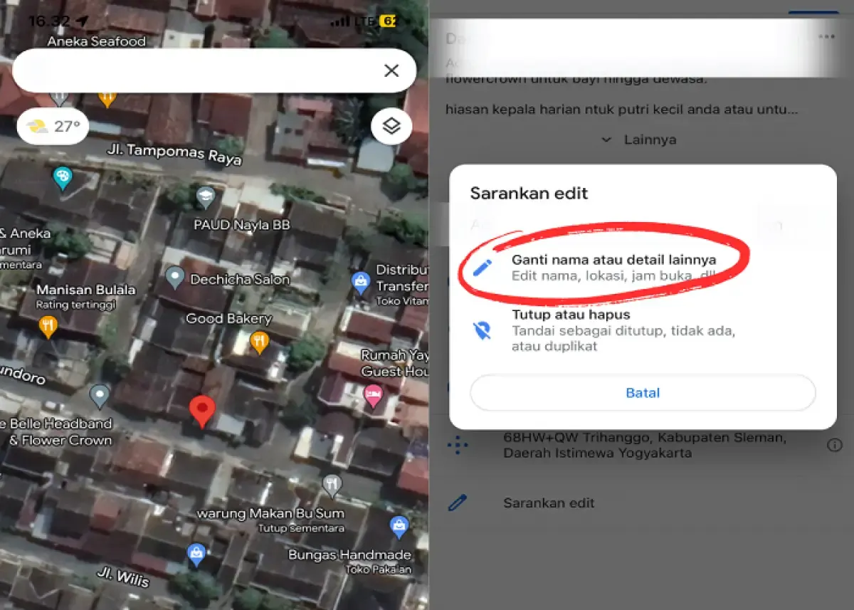 Ilustrasi cara mengganti nama lokasi di Gmaps menggunakan smartphone (Sumber : Labviral.com/Yowan R)