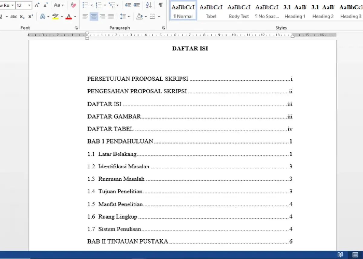 Ilustrasi daftar isi pada penulisan Skripsi di Microsoft Word (Sumber : Labviral.com/Yowan R)