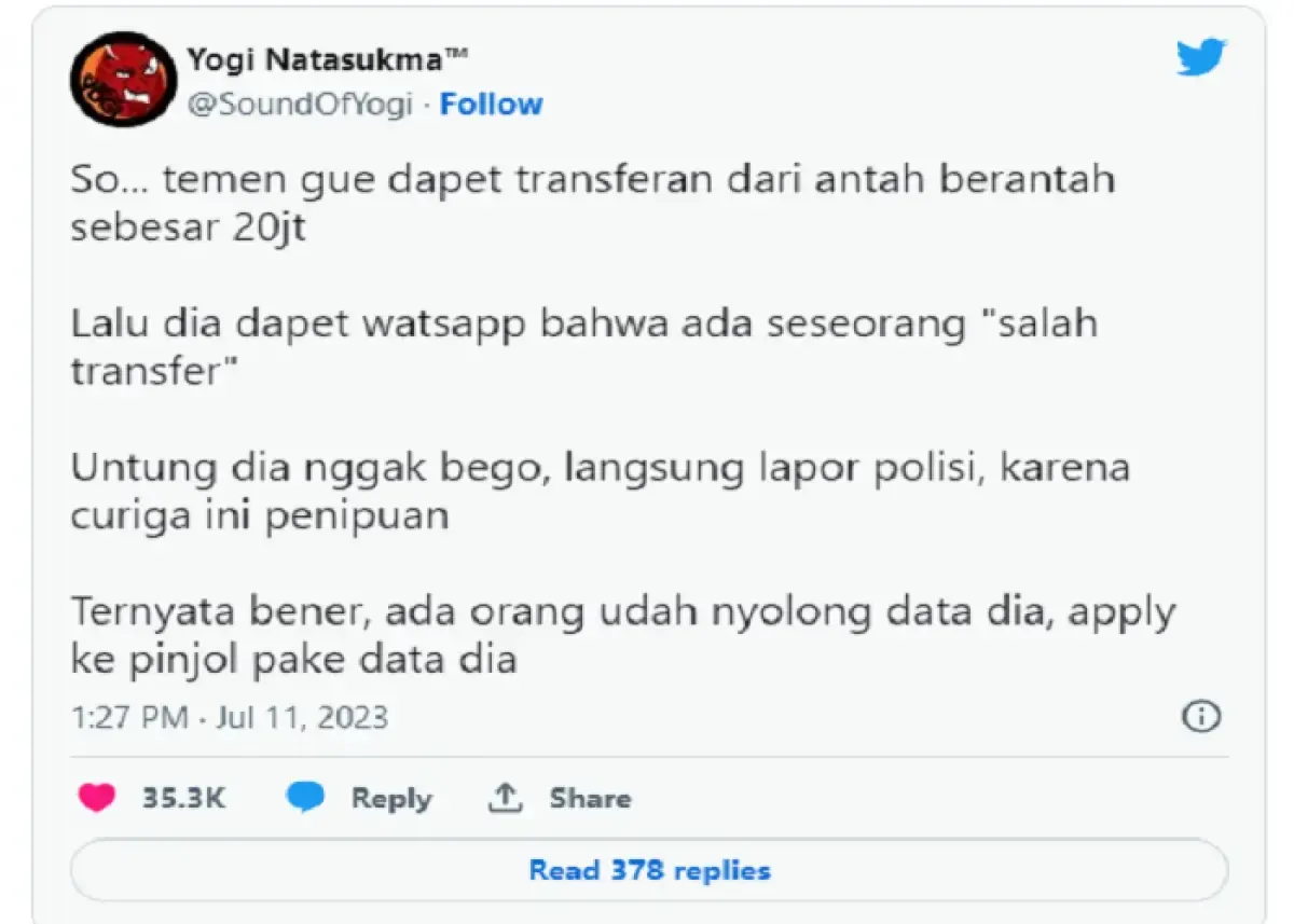 Ilustrasi postingan tentang penipuan yang berkedok salah transfer (Sumber : twitter.com/SoundOfYogi)