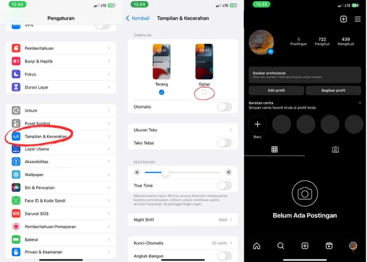 Ilustrasi cara mengaktifkan fitur darkmode Instagram di iPhone (Sumber : Labviral.com)