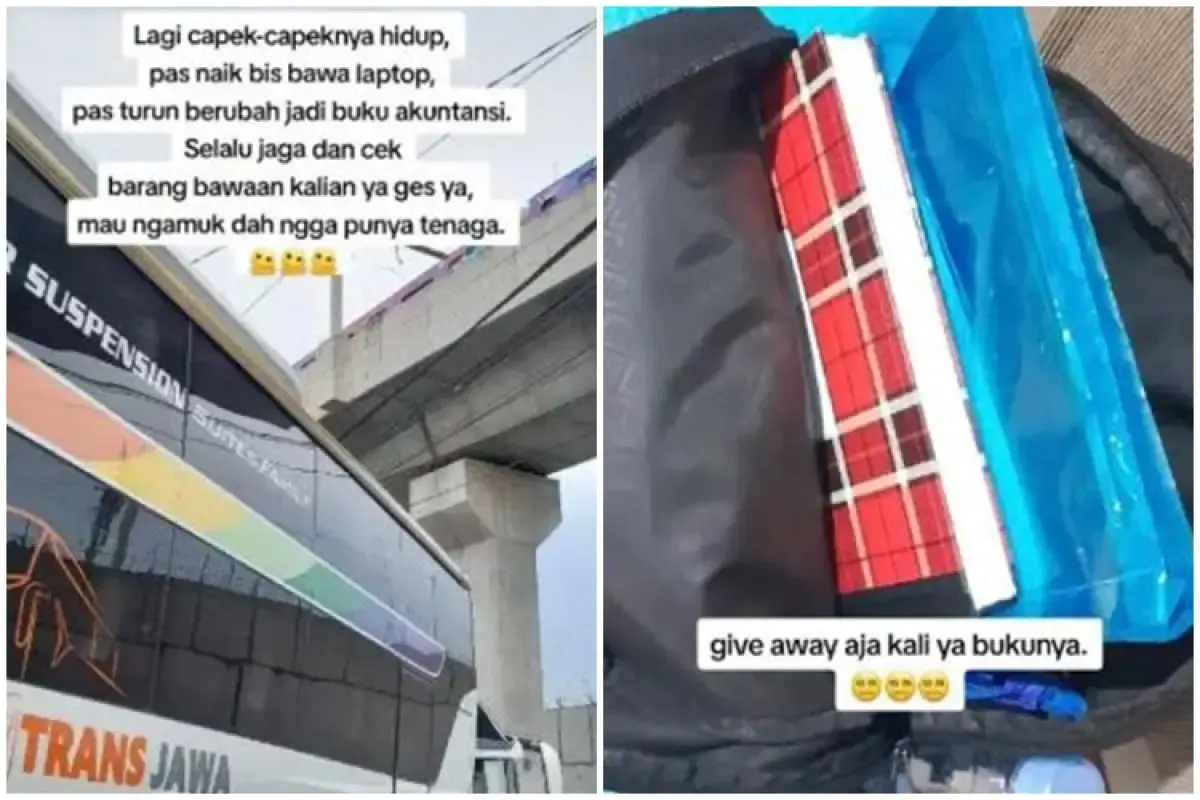 Curhat penumpang bus AKAP kehilangan laptop diganti buku akuntansi.  (Sumber : (Tiktok/arieskadr))