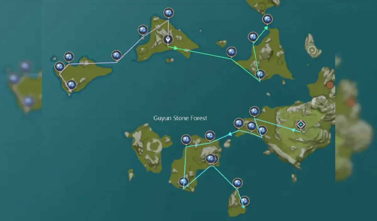 Rute Farming Starconch Guyun Stone Forest (Sumber : Teyvat Interactive Map)