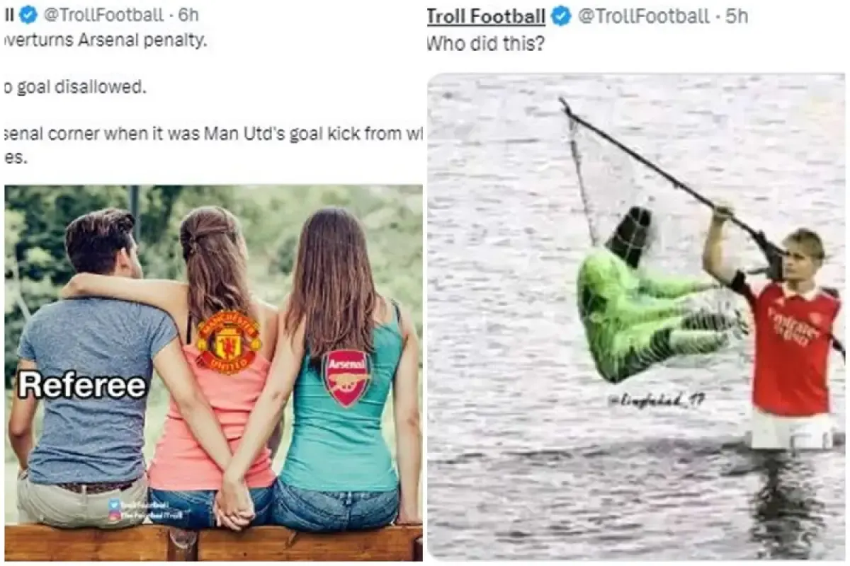 Meme kocak MU kalah dari Arsenal pada laga EPL, Minggu (3/9/2023). (Sumber : Twitter/TrollFootball)