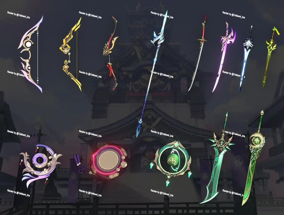 Ilustrasi senjata dalam game Genshin Impact. (Sumber : Twitter/@Yukikami_Kris)