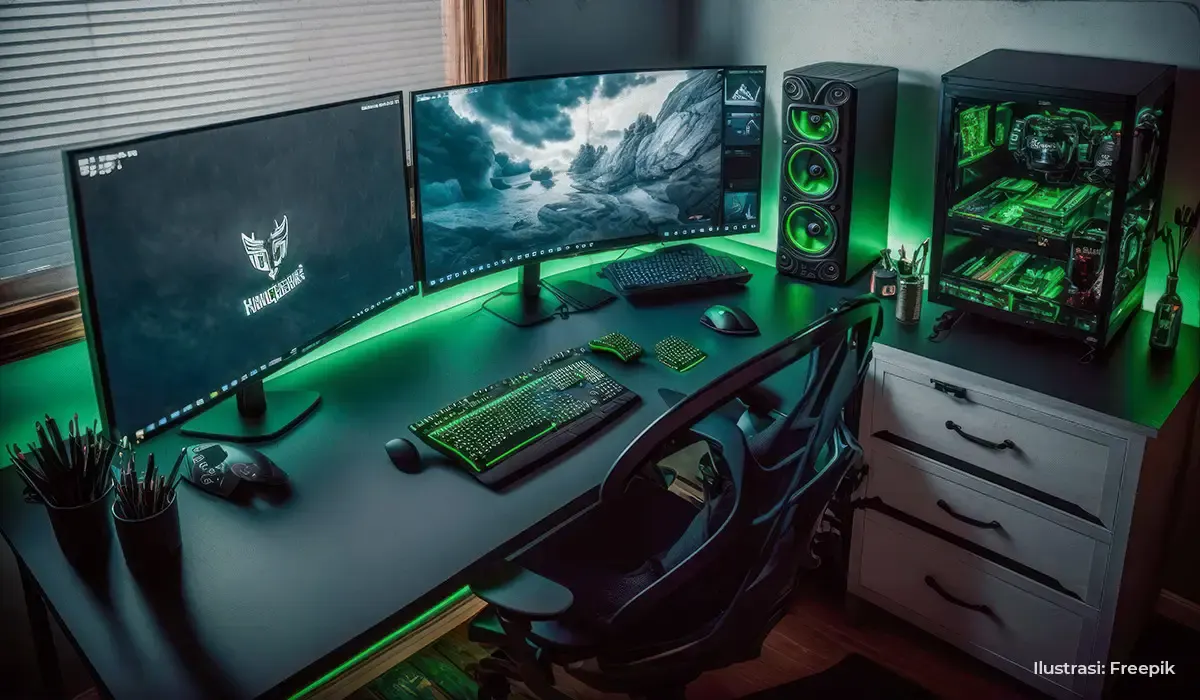 Ilustrasi Gaming Room, Game Setup, dual monitor (Sumber : Freepik)