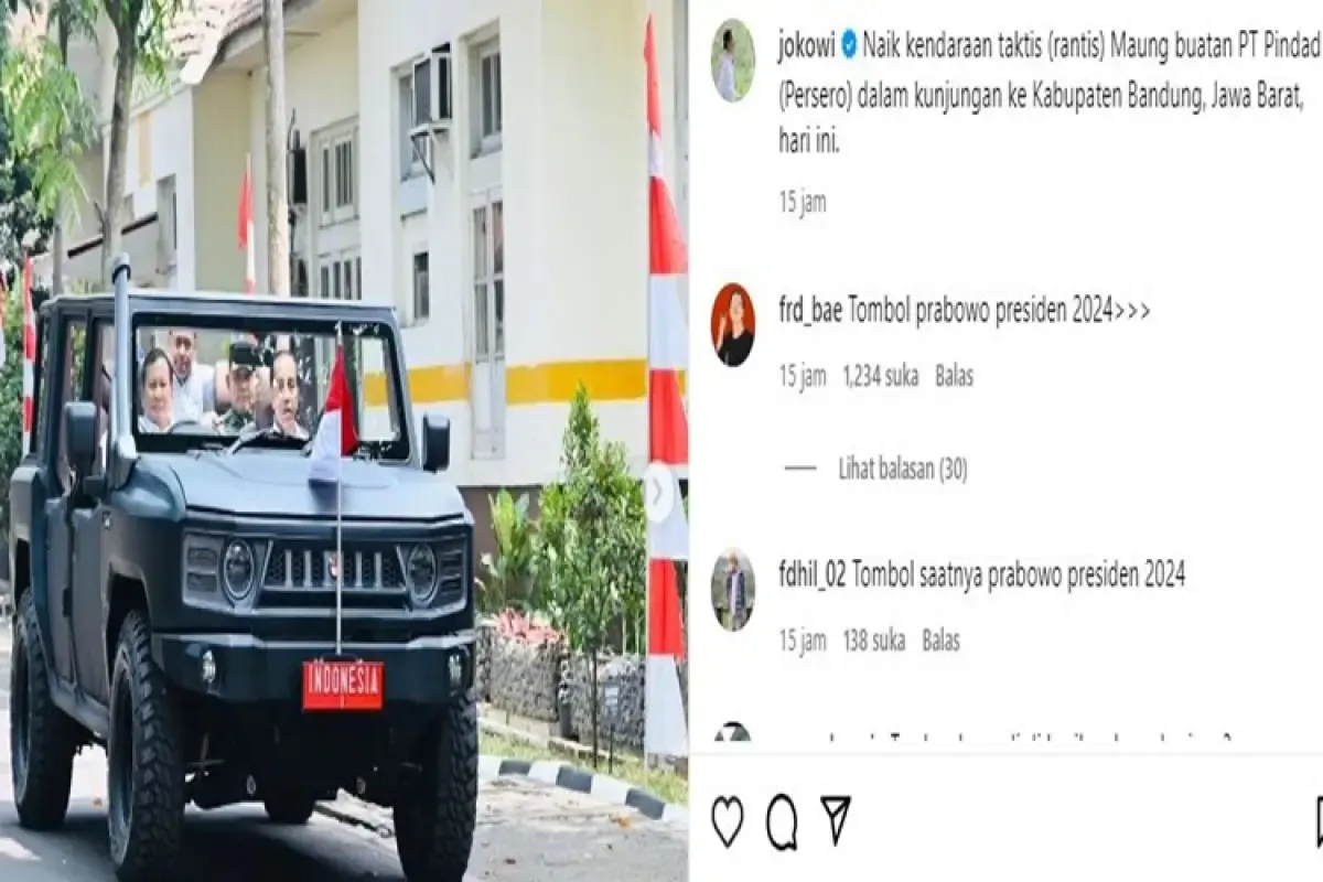 Menhan Prabowo menjadi sopir Presiden Jokowi saat menaiki kendaraan taktis buatan PT Pindad, Maung.  (Sumber : Instagram/jokowi)