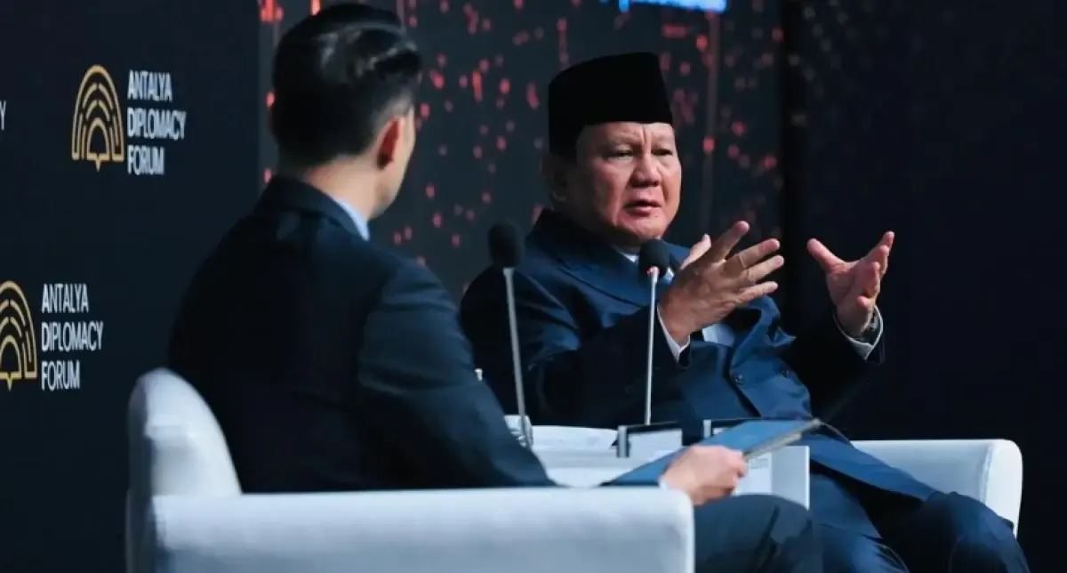 Presiden RI Prabowo Subianto menyampaikan pandangannya dalam acara Forum Diplomasi Antalya 2025 di Turki, Jumat (11/4/2025). (Sumber: BPMI-Setpres)
