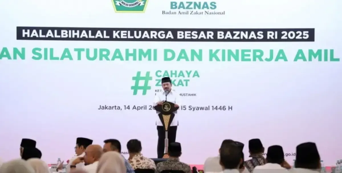 Ketua Badan Amil Zakat Nasional (Baznas) RI Noor Achmad dalam kegiatan Halal Bihalal Keluarga Besar Baznas RI 2025 bertajuk “Penguatan Silaturahmi dan Kinerja Amil Baznas” di Jakarta pada Senin (14/4/2025). (Sumber: Antara)