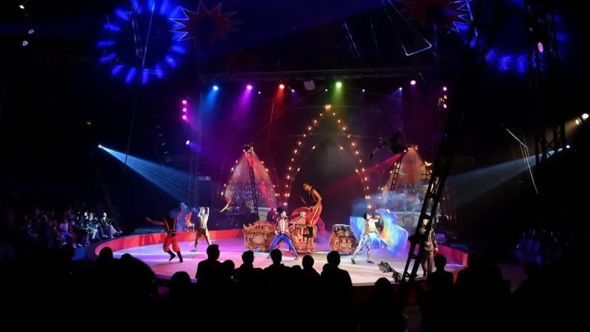 Sejumlah pemain yang tergabung dalam Oriental Circus Indonesia tampil pada pertunjukan sirkus yang bertajuk 'The great 50 show' di Surabaya, Jawa Timur, Rabu (13/3/2019). (Sumber: Antara)
