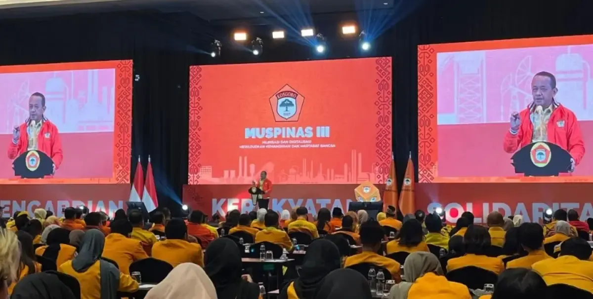 Ketua Umum Partai Golkar Bahlil Lahadalia dalam Muspinas III Kosgoro 1957 di kawasan Gatot Subroto, Jakarta, Rabu (7/5/2025). (Sumber: Antara)