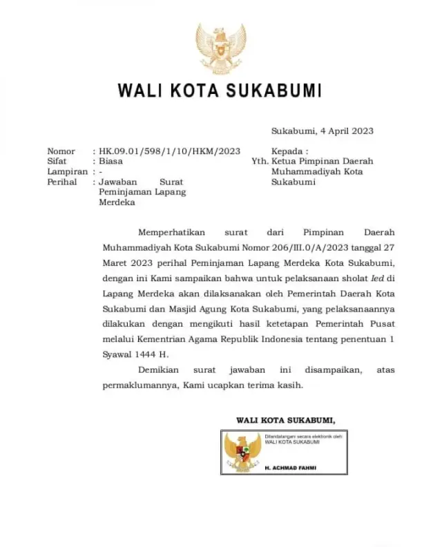 Wali Kota Sukabumi Tidak Izinkan Muhammadiyah Pinjam Lapangan Buat Solat Idul Fitri