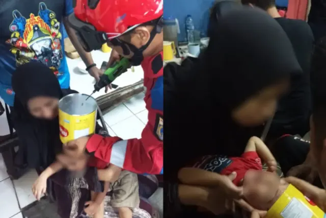 Viral! Seorang Anak Kepalanya Terjepit Kaleng Biskuit, Pemadam Kebakaran Susah Payah Melepaskannya