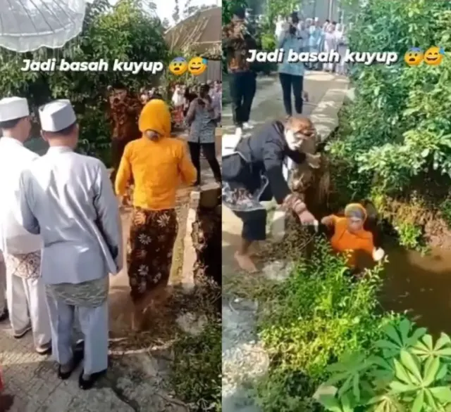 Aksi Kocak Pengiring Manten Nyebur ke Sungai, Bikin Mempelai dan Tamu Undangan Terpingkal-pingkal