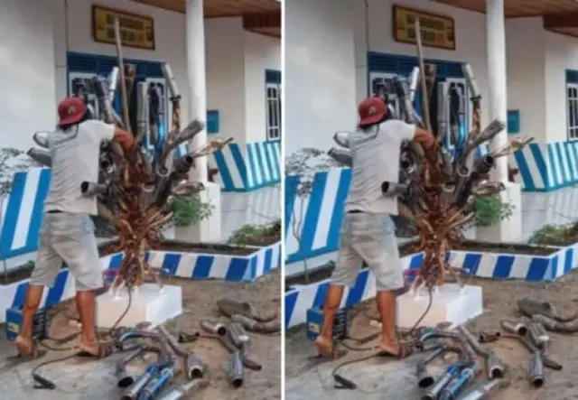 Sering Hilang, Knalpot Brong Sitaan Dibuat Pajangan Pohon Hias